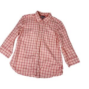 JCP Womens Red Orange Gingham Check 3/4 Sleeve Button Down Cotton Shirt Size L